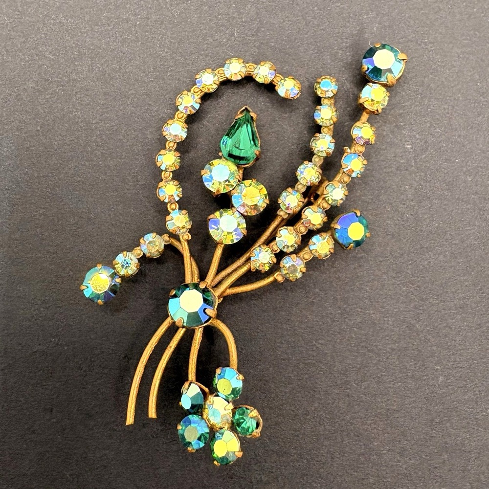 Vintage Made in Austria Floral Brooch Aurora Borealis Blue Green Flower Spray